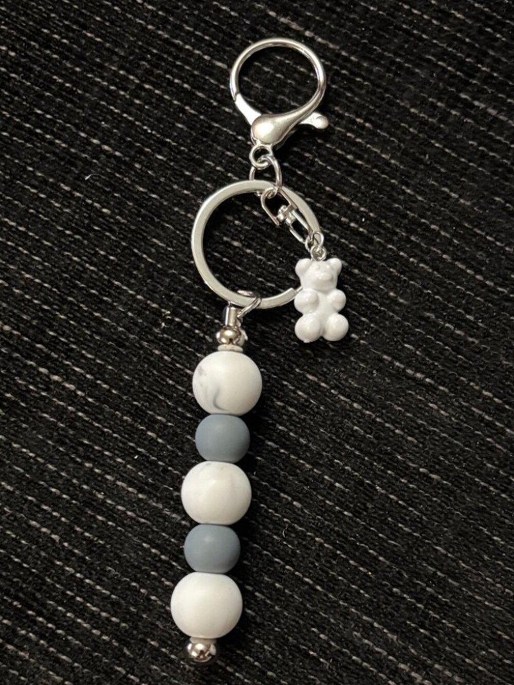 Handmade Beaded Keychain with Bear Charm - White and Gray